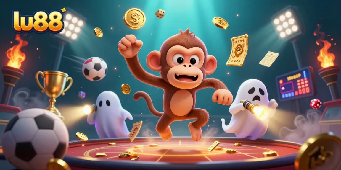Experience thrilling bets at lu88 with a mischievous monkey and curious puppy in a dynamic casino scene.