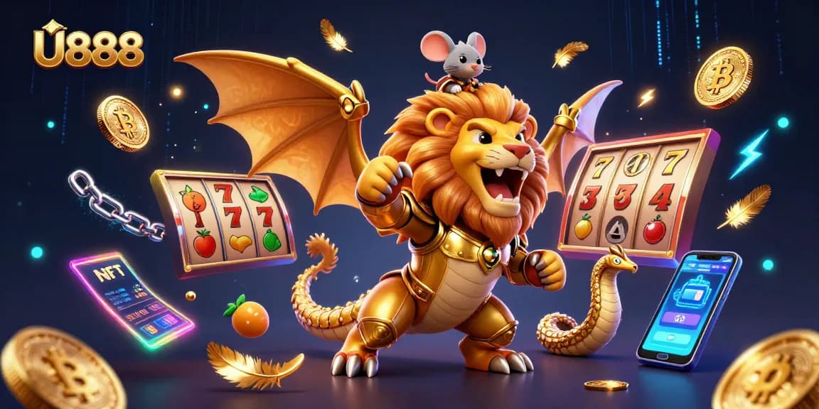 U888 players spin slots with a golden chimera and crypto elements against a vibrant casino backdrop.
