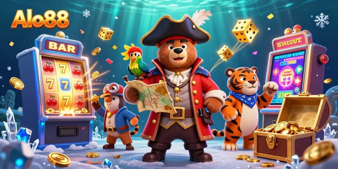 Alo88 captivates players with a vibrant 3D illustration showcasing a pirate bear and tiger amid jackpot excitement.