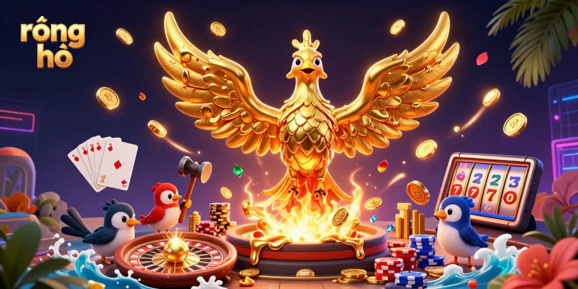 Experience rồng hổ action with molten phoenix and dazzling casino elements in this vibrant 3D illustration.