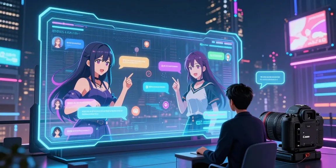 Engaging AI chat hentai experience with animated characters in a futuristic digital landscape.
