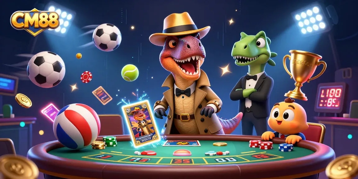 CM88 features a clever velociraptor card counter at a blackjack table, under the watchful eye of a stegosaurus pit boss, showcasing dynamic casino action.