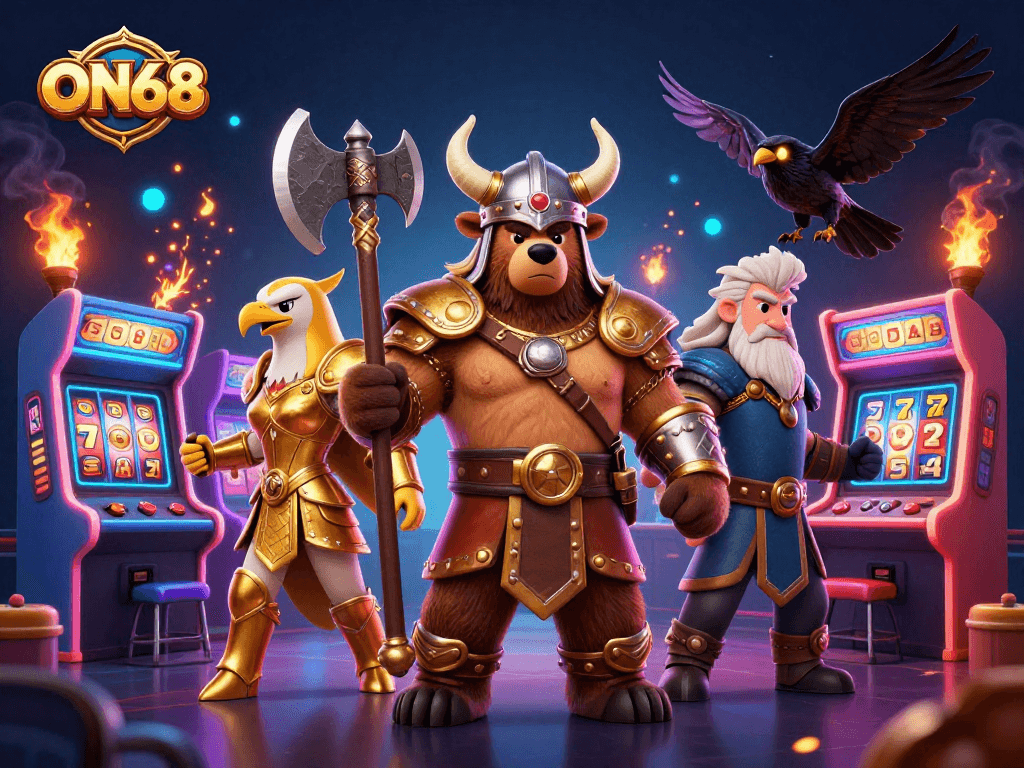 ON68 casino adventure featuring a Viking bear and Valkyrie eagle amidst colorful gaming elements.
