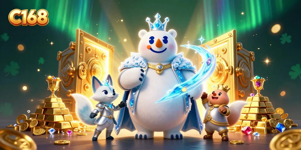 C168 captures excitement with a dynamic scene of a polar bear king and snow fox surrounded by treasures and gambling elements.