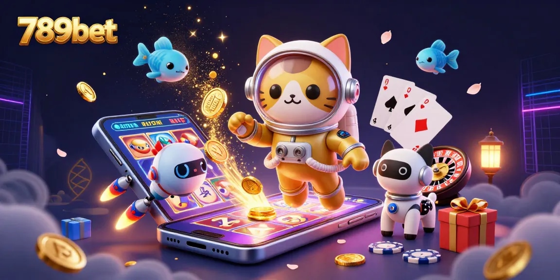 Spin to win with 789bet in a vibrant 3D casino scene featuring a space cat and robot dog.