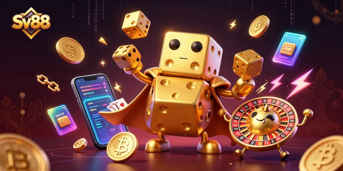 Win big with Sv88 at this vibrant 3D casino scene featuring golden dice and crypto elements.
