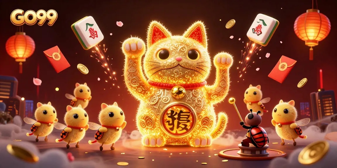 Experience the excitement of GO99 casino with a vibrant lucky cat and festive decorations.