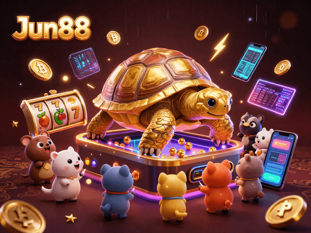 Engage with Jun88's lively casino experience featuring a golden tortoise in a pinball scene.