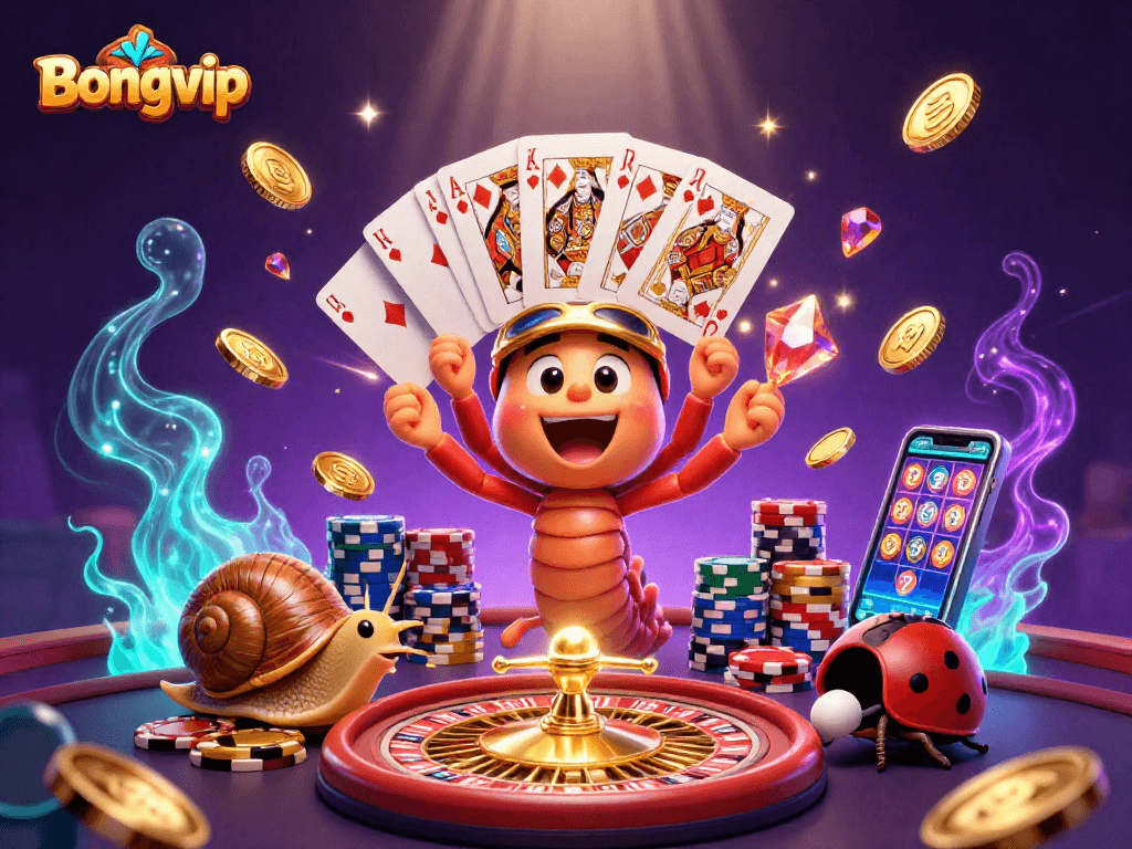 Engage in thrilling games at Bongvip with a vibrant scene of a millipede dealer and exciting casino elements.