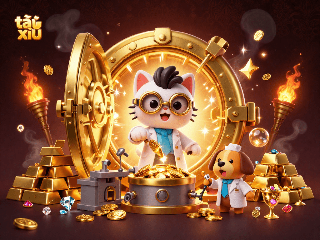 Engage in tài xỉu gaming with a mad scientist cat and loyal dog amidst sparkling gold treasures.