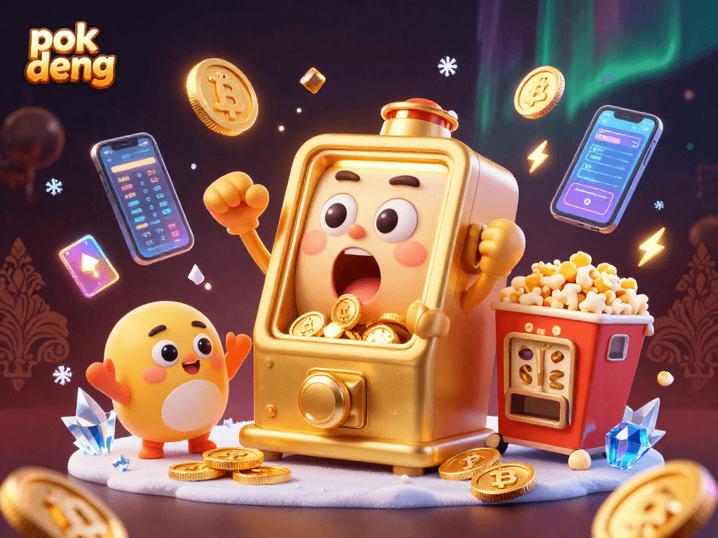 Experience the excitement of pok deng with a golden slot machine hitting a jackpot amidst cheerful smaller machines and crypto elements.
