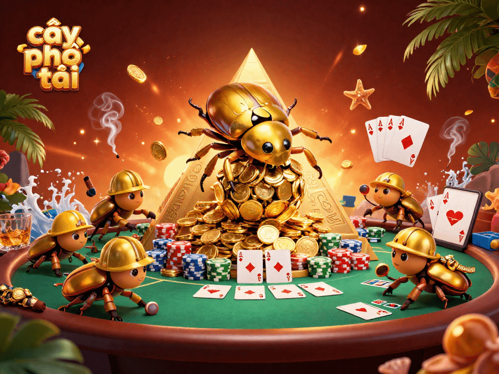 Engage with cây phát tài as cartoon beetles roll in golden coins amidst vibrant casino elements.