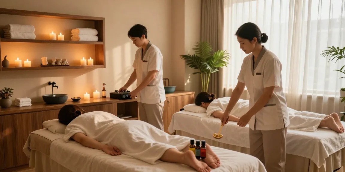 Therapists providing 하남출장마사지 in a serene, ambient wellness studio with calming elements.