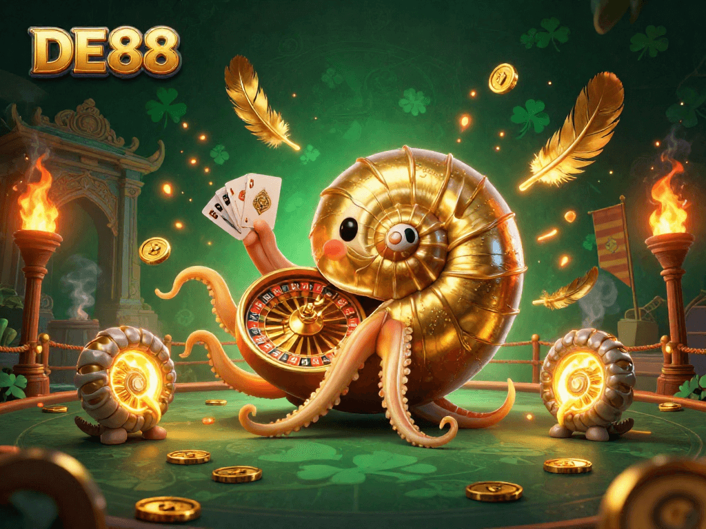 Engage with DE88 in this vibrant 3D casino scene showcasing a nautilus roulette wheel and glowing treasures.