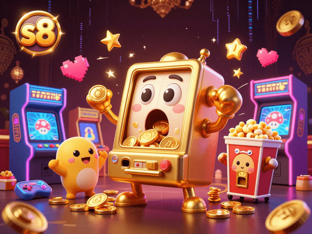 S8 slot machine celebrating a jackpot win while baby slots cheer in a vibrant casino scene.
