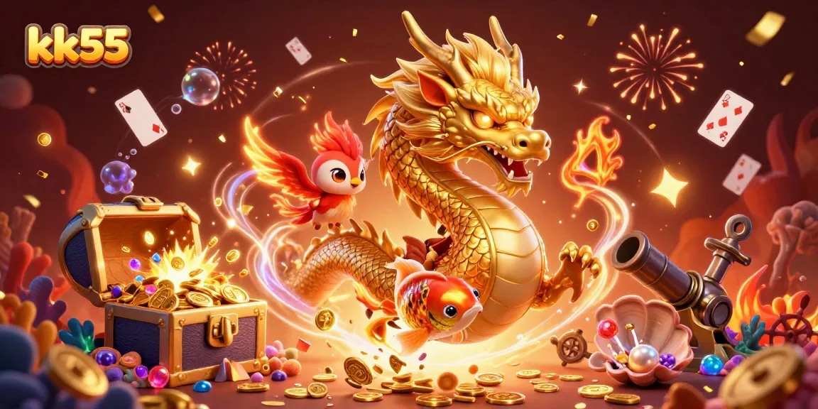 Join the thrill of casino action with kk55, featuring a golden dragon, phoenix, and lucky koi fish in an energetic scene.