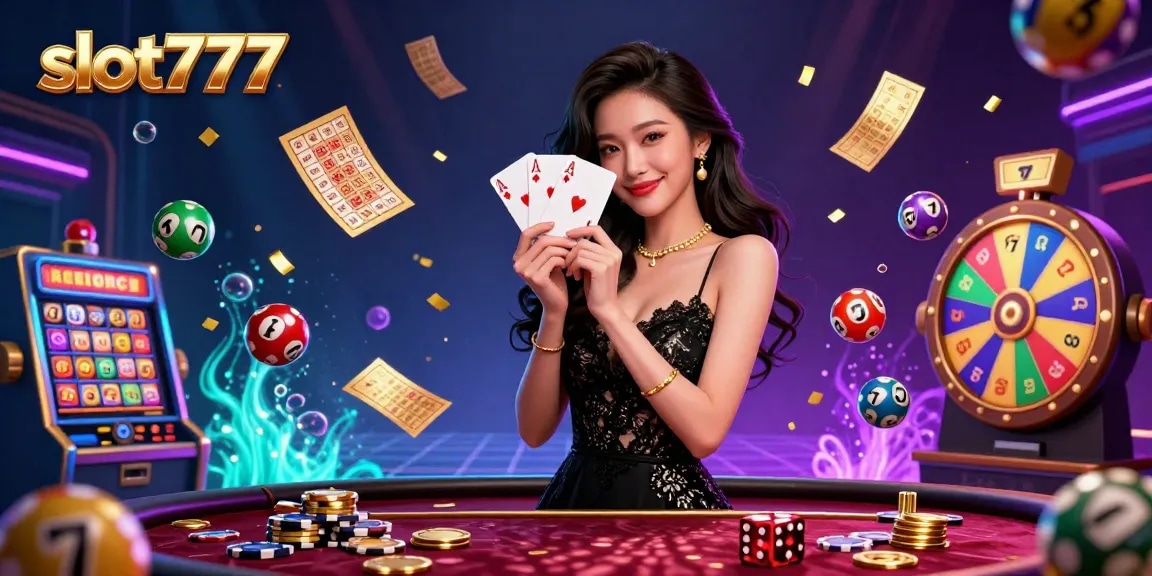 Experience slot777 thrills as a stylish Asian woman wins at the casino with ace cards amidst dynamic gaming elements.