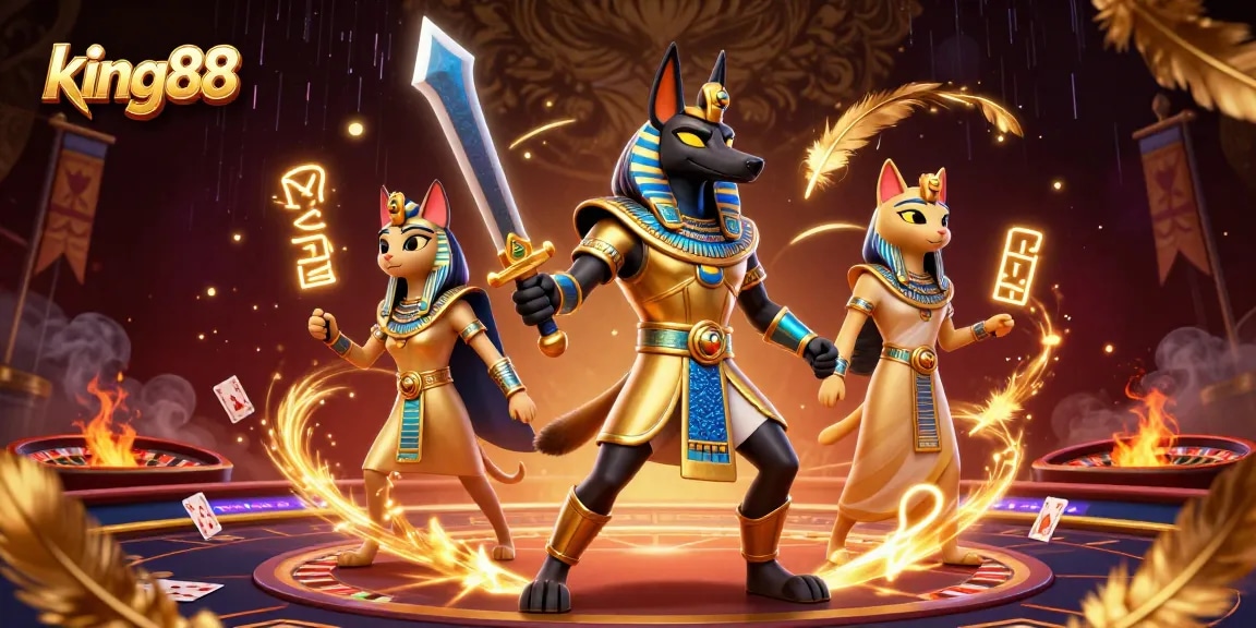 Experience the thrill of king88 with Anubis and Bastet engaging in a captivating Live Casino setting.