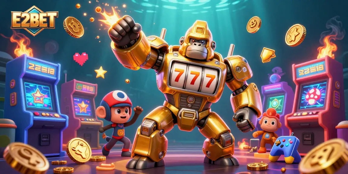 Engage in thrilling play with E2BET's unique 3D illustration of a golden gorilla mech and arcade elements.