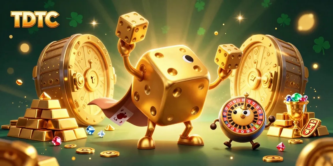 Join the excitement at TDTC Casino with a dazzling scene of golden dice and wealth!