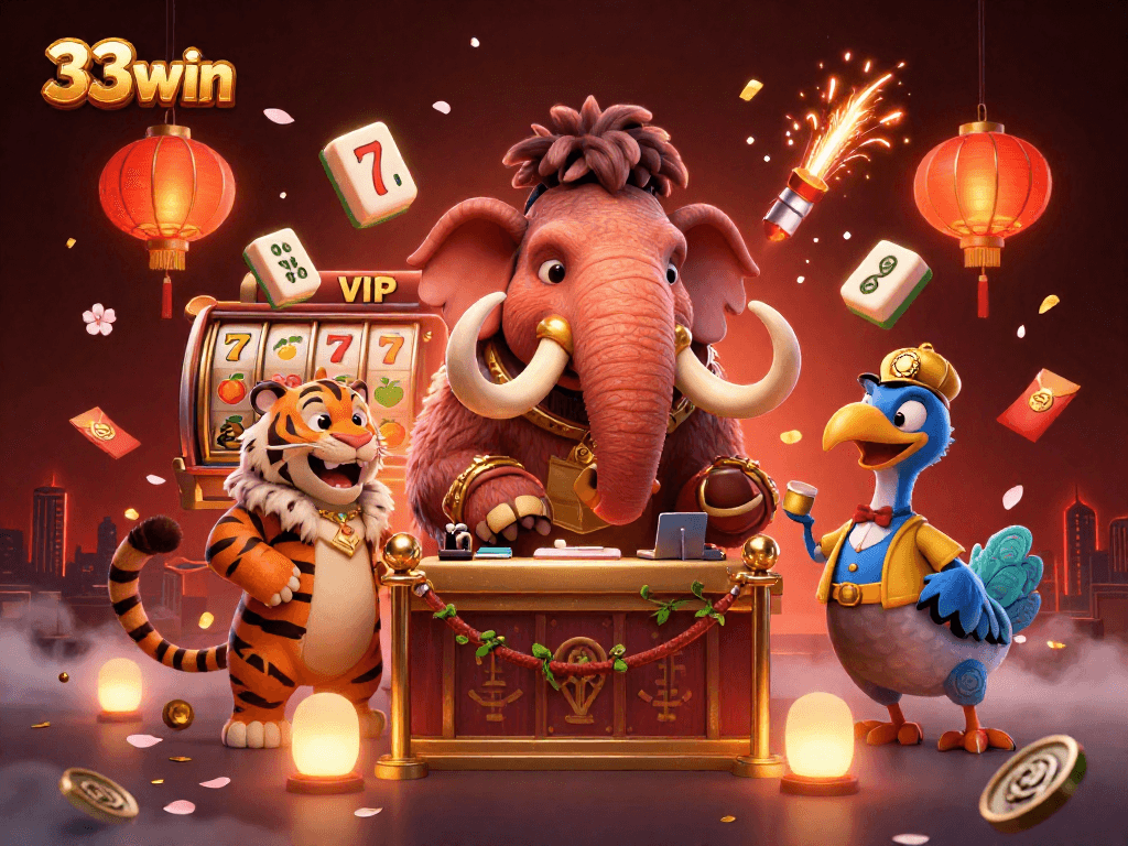 Join the fun at 33win with a vibrant illustrated scene of casino excitement and VIP guests.