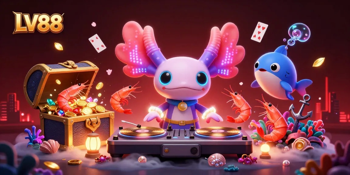 Experience the vibrant LV88 casino scene with a cartoon DJ, shrimp dancers, and sparkling treasures.