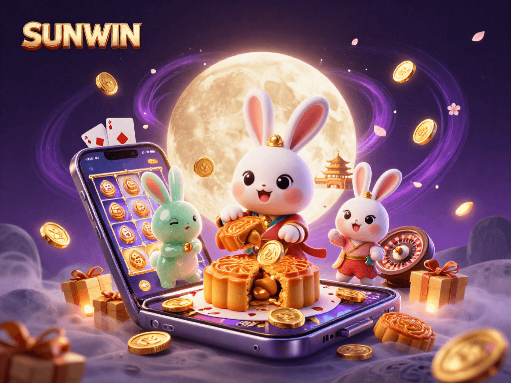 SUNWIN's moon rabbit reveals poker chips within golden mooncakes in an enchanting lunar casino setup