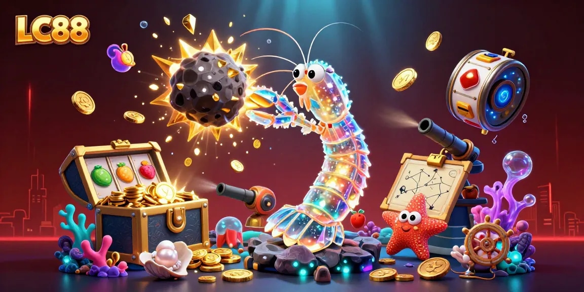 LC88's vibrant 3D scene showcasing a mantis shrimp and starfish amidst slot reels and treasure, enhancing the online casino gaming experience.