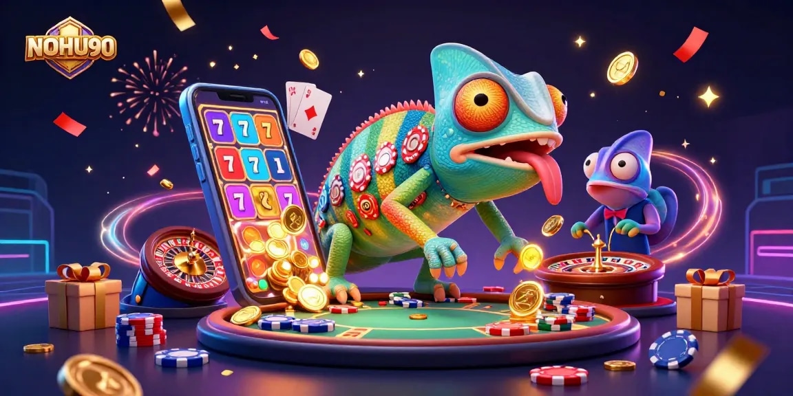 Engage in thrilling gameplay with NOHU90 as the chameleon casino owner catches golden coins in a vibrant online casino.