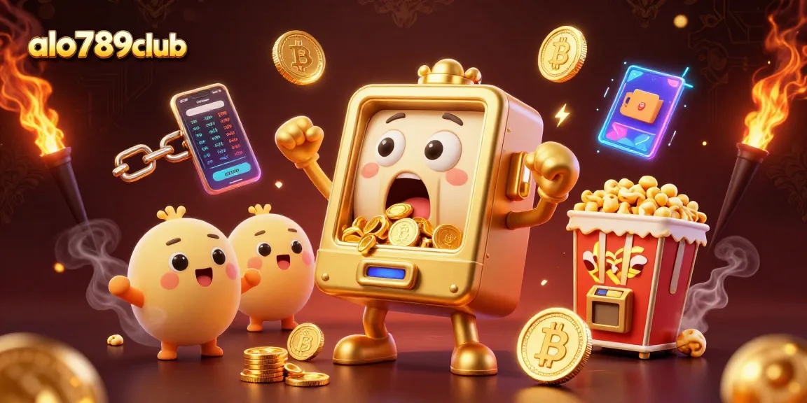 Alo789club celebrates with a golden slot machine hitting the jackpot as baby slots cheer, showcasing excitement in online gambling.