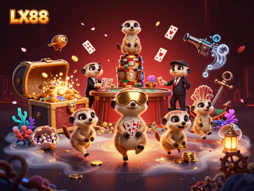 Experience the thrill of LX88 with meerkats managing a bustling casino in a vibrant underwater scene.