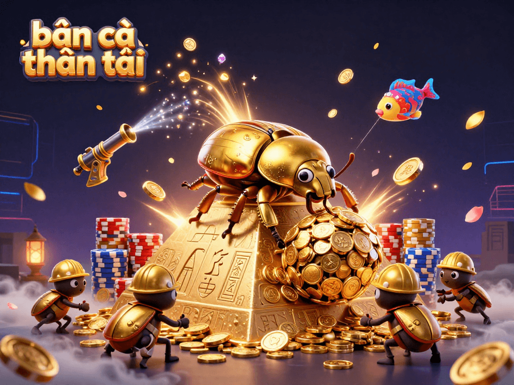 Bắn cá thần tài showcases thrilling fish shooting action with golden coins and vibrant characters.
