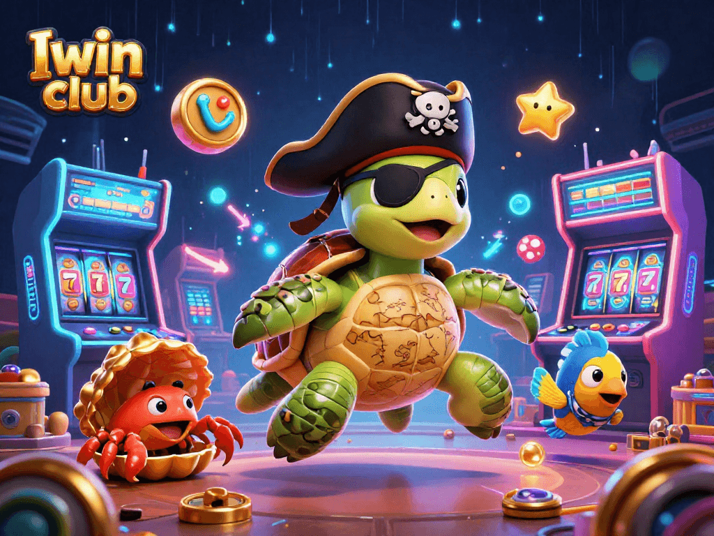Iwin club showcases a vibrant scene with a pirate turtle, crab, and parrotfish amidst thrilling casino elements.