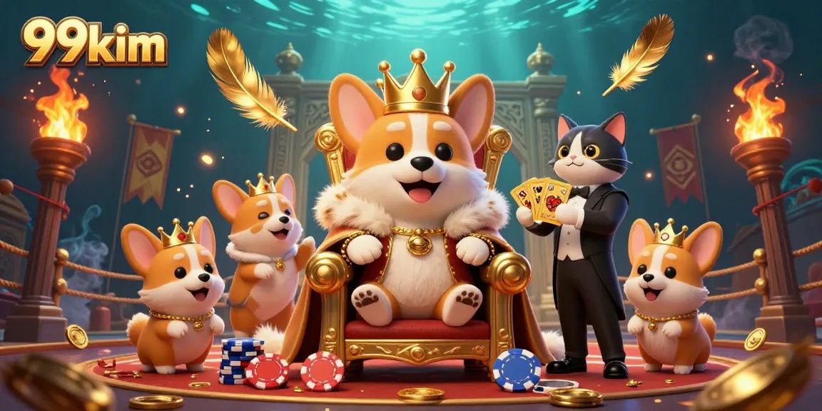 Engage with 99kim's vibrant casino scene featuring a royal corgi on chips surrounded by gambling elements.