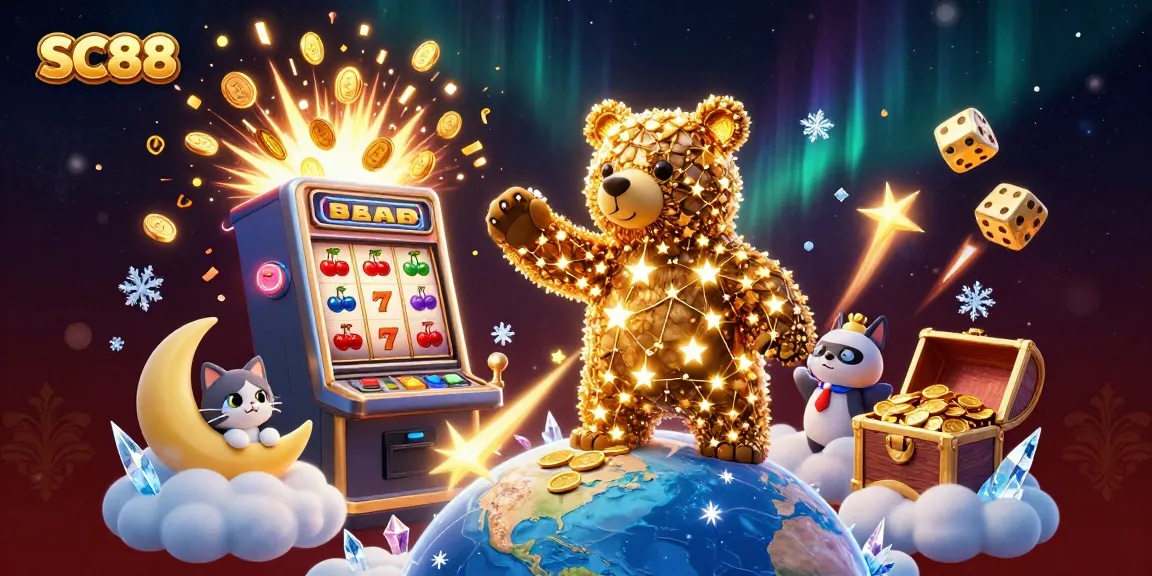 SC88 dazzles with a cosmic bear scooping coins amidst a jackpot explosion of light, embodying exhilarating casino excitement.