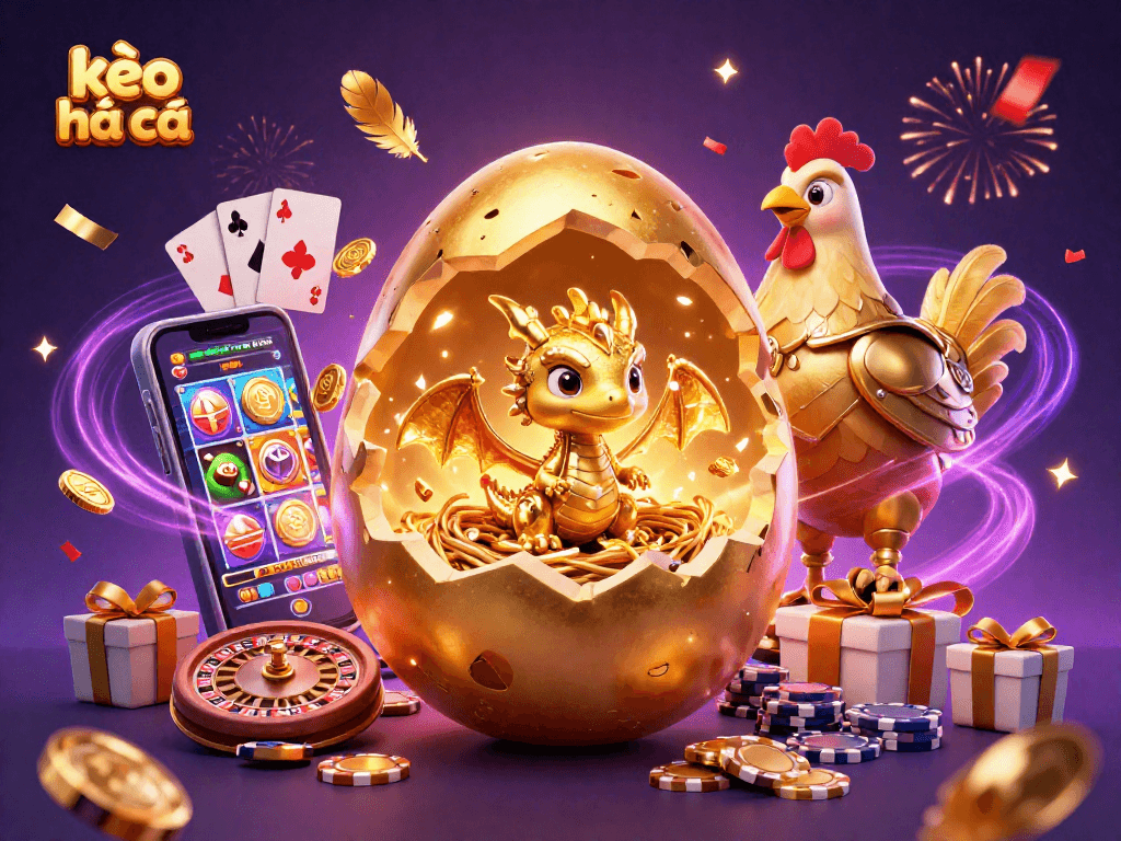 Experience the excitement of kèo nhà cái with a golden dragon guarding poker chips and vibrant casino elements.