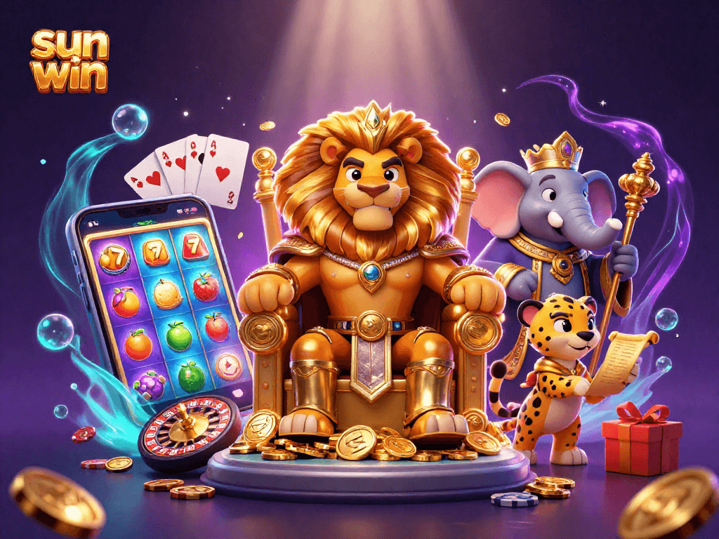 Experience the thrill and excitement of sun win as a lion king rules over a vibrant casino scene.
