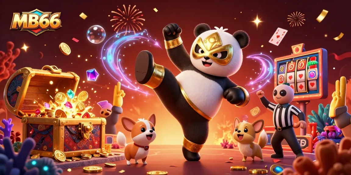 Engage in thrilling gameplay with MB66, showcasing a vibrant casino scene featuring a luchador panda and energetic spectators.