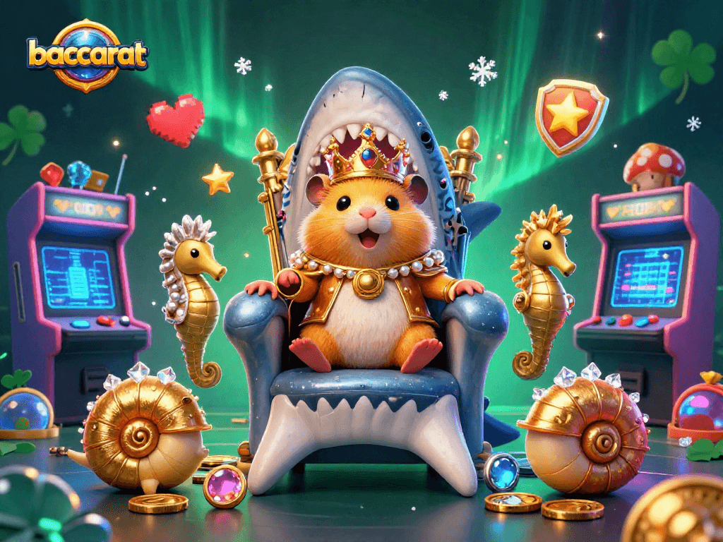 Baccarat-themed illustration featuring a golden hamster king on a megalodon throne with seahorse guards, dynamic casino elements.