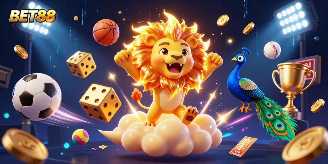 Engage with BET88 as a lively cartoon lion roars amid golden elements, sports balls, and dynamic visuals.