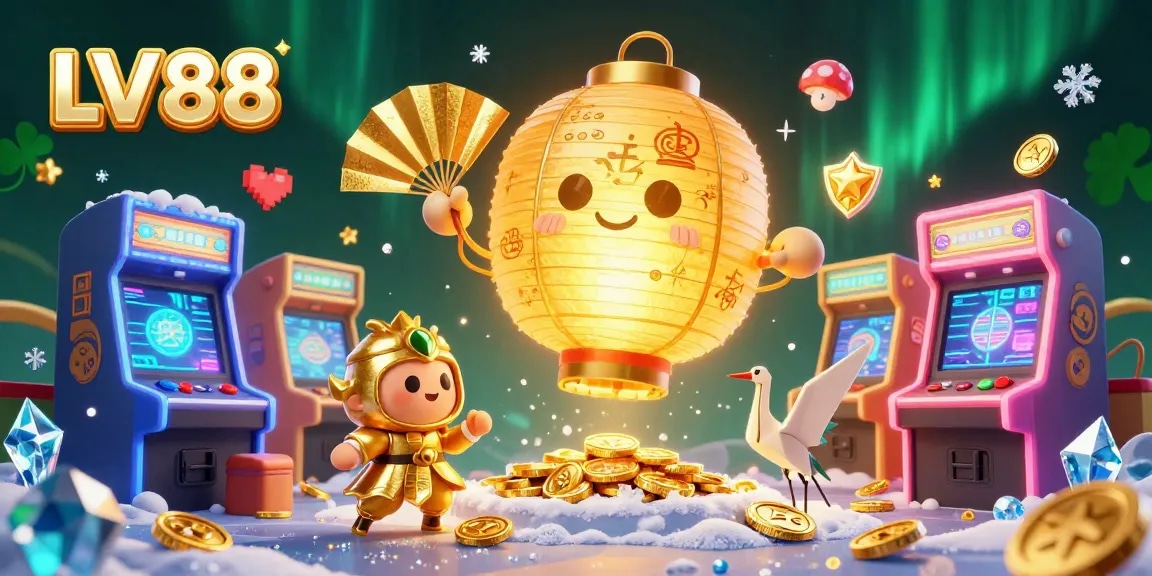 Experience the excitement of LV88 with vibrant casino elements and dynamic characters in this stunning illustration.