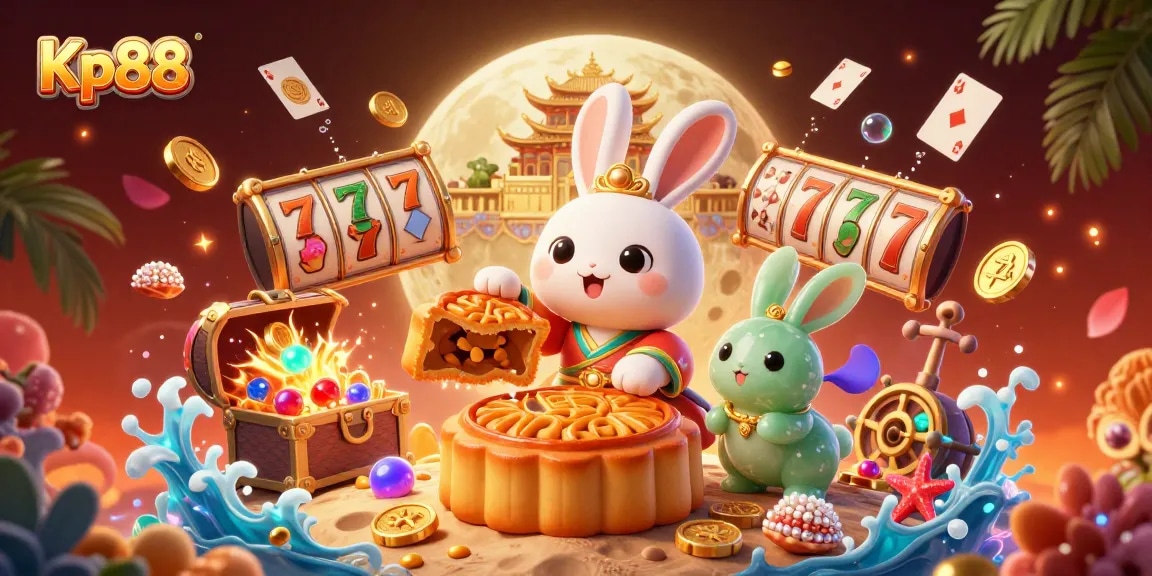 Kp88 offers an immersive casino experience with a dynamic scene of a moon rabbit revealing poker chips amidst vibrant gambling elements.