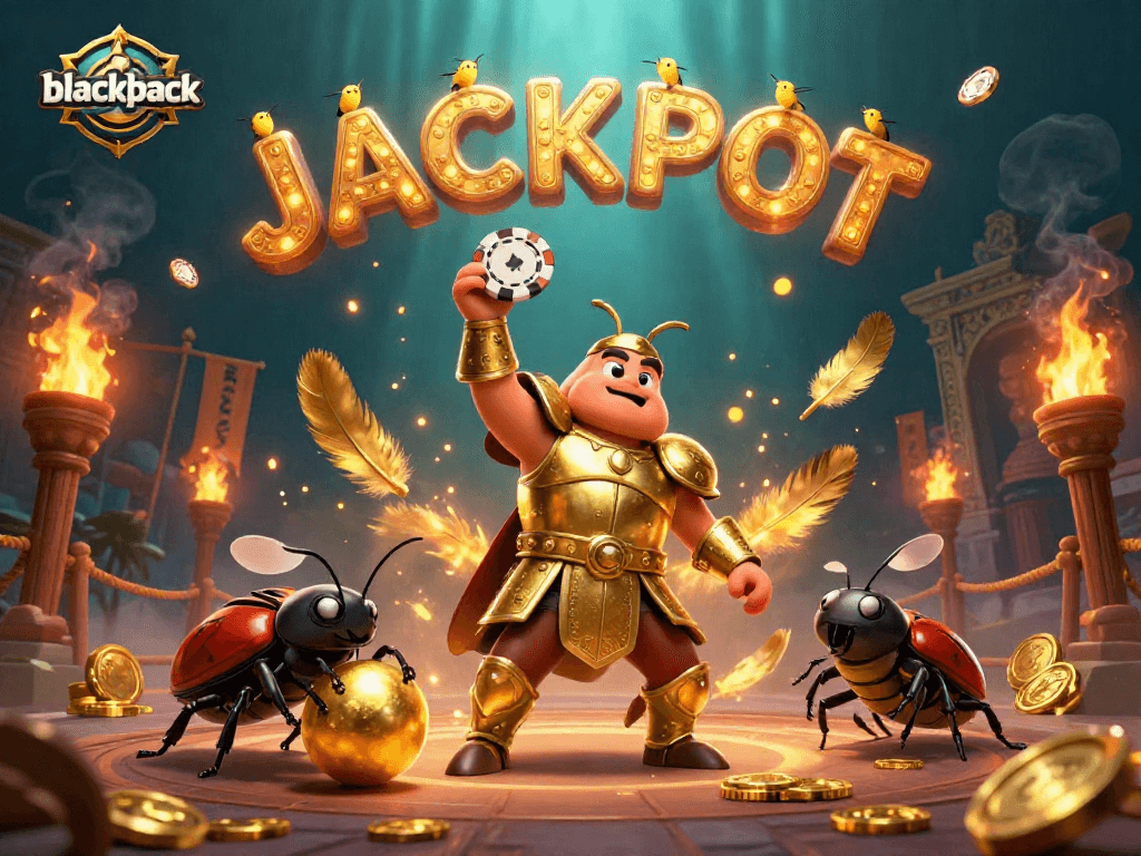 Experience blackjack excitement with heroic beetles in a vibrant casino scene.