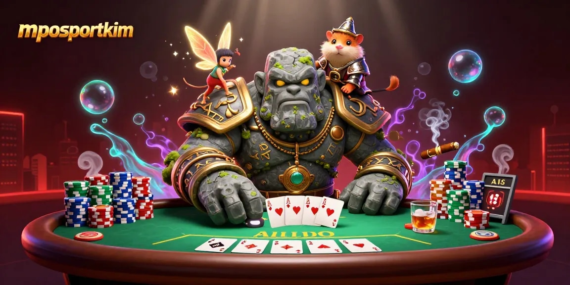 Spin the reels of fortune with mposportkim's dynamic 3D casino illustration showcasing vibrant characters and poker elements.
