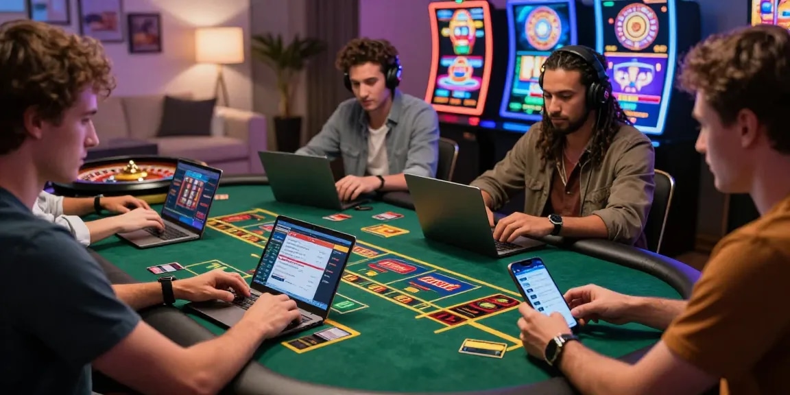Players enjoying games at credit card casinos with laptops and smartphones