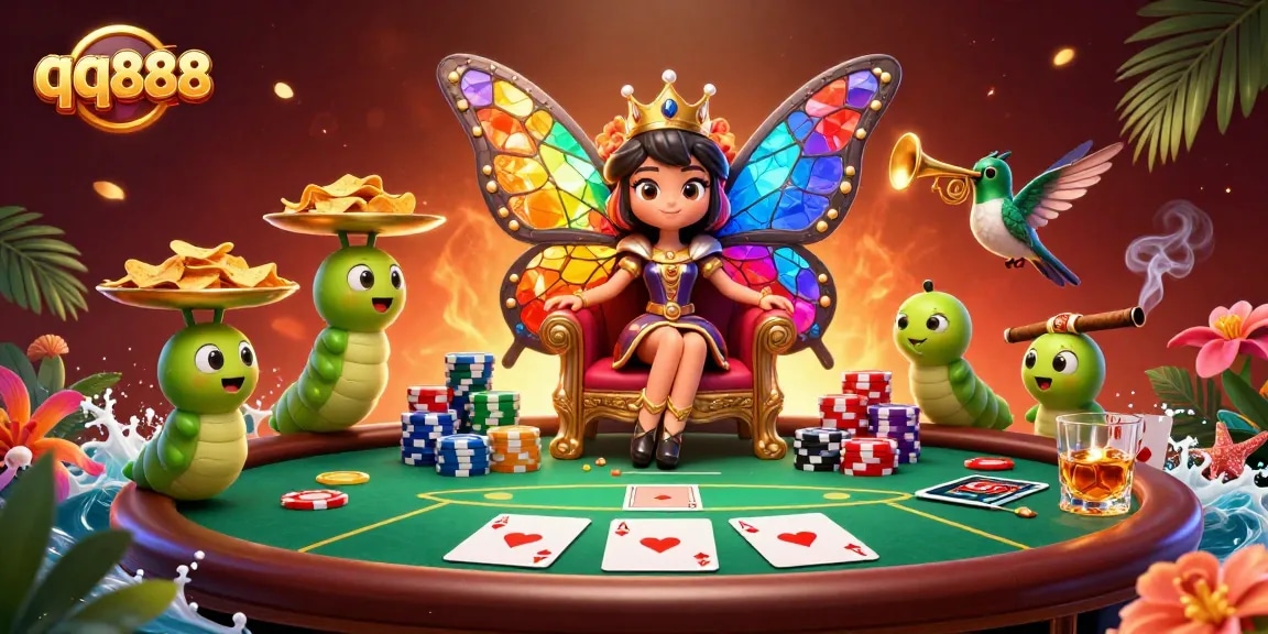 Engage in thrilling poker action at qq888, featuring a majestic butterfly queen and vibrant gaming elements.