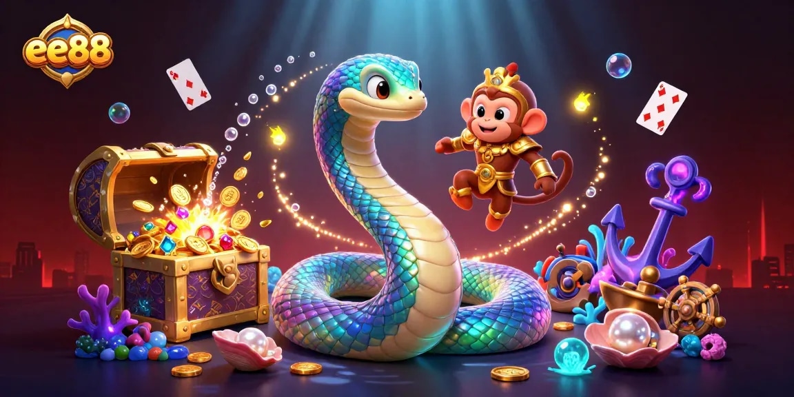 ee88 players engaging with a vibrant casino-themed dynamic scene featuring a rainbow serpent and treasures.