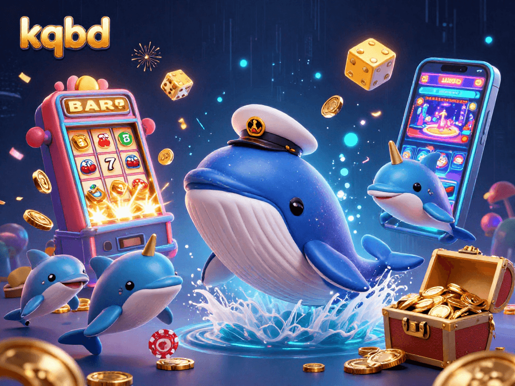 Kqbd offers a thrilling live action scene of a whimsical 3D whale breaching through coins while players engage with gaming elements.