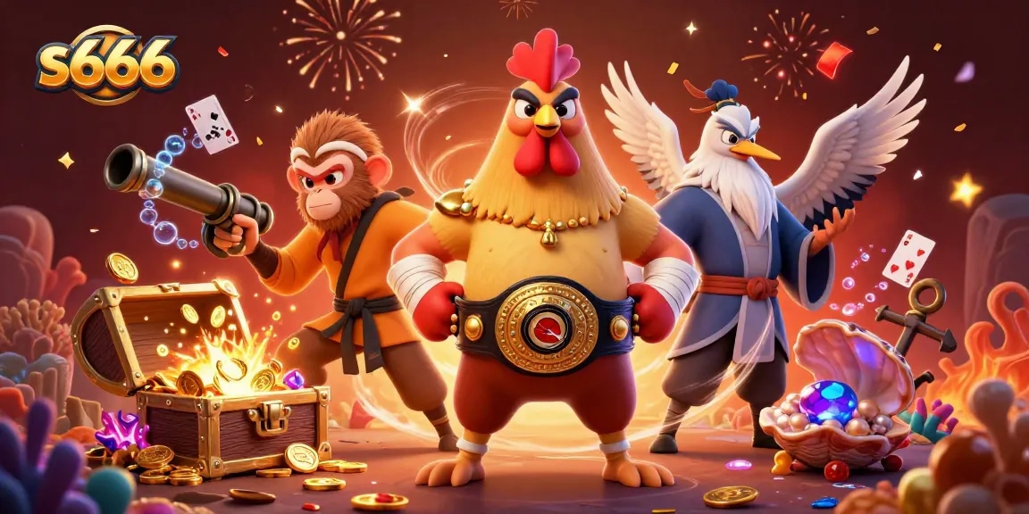 S666 online casino features an engaging 3D illustration showcasing a fierce rooster champion and martial artists among vibrant gaming elements.