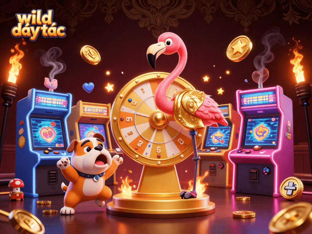 Experience thrilling gameplay in wild đạo tặc with a lively arcade scene featuring vibrant characters and casino elements.